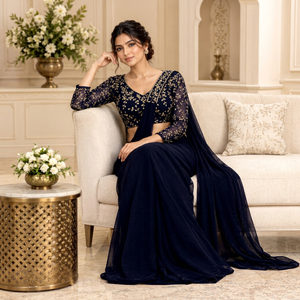 Sari de Georgette Listo para Usar con Bordado Zari, Semibeads y Blusa de Diseñador Cosida - AARIKA TEXTILE - Para Bodas y Fiestas, Largo hasta el Suelo - Product Image 3