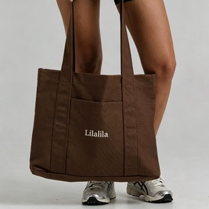 Sac fourre-tout en toile de coton <span class=keywords><strong>marron</strong></span> robuste pour le voyage et le shopping, avec poche avant et logo brodé - Product Image 2