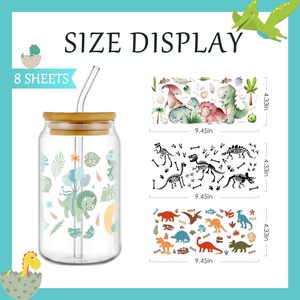 Envolturas para Vasos UV DTF, 8 Hojas, Diseño de Dinosaurios Coloridos, Impresión UV, Pegatinas Impermeables, 16 oz, Vasos de Vidrio DIY, Botella de Agua - Product Image 2