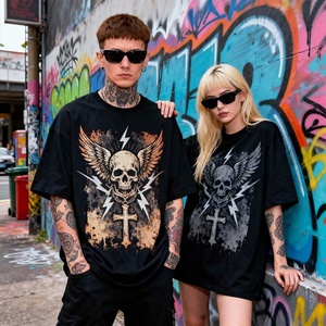 T-shirt ample et carré 100 % polyester, motif crâne imprimé personnalisé, style streetwear vintage pour hommes – Collection 2026, Vente Flash - Product Image 3