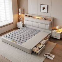 Lit de rangement moderne avec tête de lit LED, base relevable hydraulique, tiroirs latéraux, lit capitonné de luxe taille King pour chambre principale