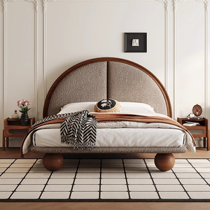 Giường ngủ phong cách Retro Wabi-Sabi bọc vải len cừu, đầu giường hình bán nguyệt với chất liệu lông cừu mềm mại & chân giường bằng gỗ hình cầu - Product Image 2