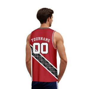 Maillot de basketball unisexe sans manches en polyester respirant à rayures diagonales rouges et noires style drapeau personnalisé, grande taille, séchage rapide - Product Image 5