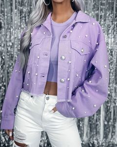 <span class=keywords><strong>Chaqueta</strong></span> Vaquera de Mujer con Perlas, <span class=keywords><strong>Chaqueta</strong></span> de Mezclilla con Cuentas, Estilo Holgado e Informal, en Oferta - Product Image 6