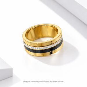 แหวนสแตนเลสสตีลชุบทอง 14K สีดำประดับเพชรซิร์คอน ดีไซน์วงกว้างตัดสี - Product Image 1