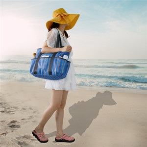 Striped <b>Beach</b> Mesh Tote <b>Bag</b> Blue Black Stripes 4-6 Compartments Portable Versatile Shoulder <b>Bag</b> <b>For</b> Travel Laundry Summer Use - Product Image 3