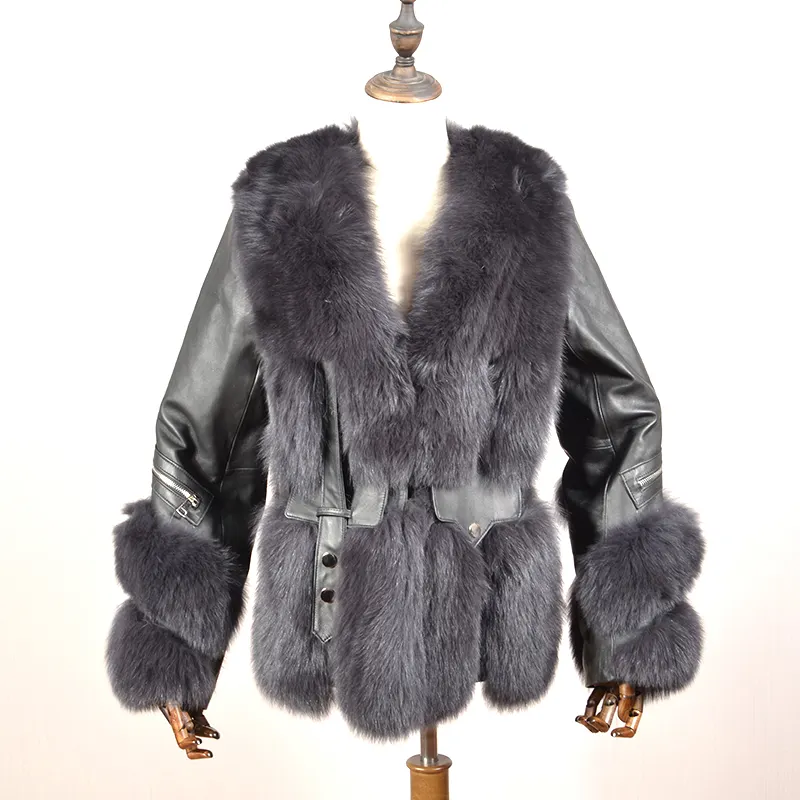 Winter Fashion Belt Zipper Decoration Warm Furry Real Fox Fur Leather Jacket Women Real Fox Fur