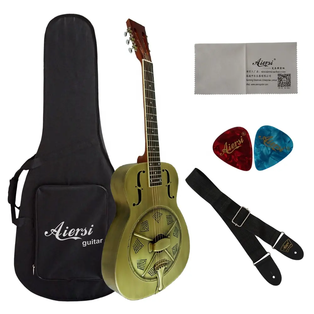 China Aiersi Brand Style O Glanz Messing körper Cutaway geformte Blues Slide Dobro Resonator Gitarren A38-BAC