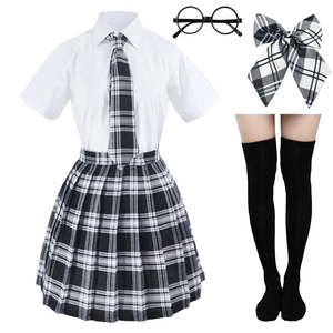 Conjunto de uniforme escolar japonés para mujer adulta, falda plisada de tartán, camisa blanca, corbata, lazo, gafas, calcetines hasta la rodilla - Product Image 2