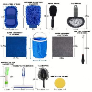 Kit de 15 outils de nettoyage et de detailing automobile avec sac, seau pliable, gant de lavage, éponges, serviettes, brosse pour pneus et raclette pour vitres - Product Image 2