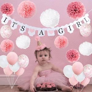 Decorazioni per Baby Shower per Bambine, Baby Shower Rosa e Bianco, Striscione 'È una Bambina', Coriandoli, Palloncini, Pompon di Carta per Baby Shower - Product Image 5