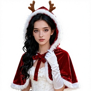 Châle court en velours rouge pour <span class=keywords><strong>femme</strong></span>, avec garniture en bois de <span class=keywords><strong>renne</strong></span> de Noël, style Lolita, pour costumes de télévision et de cinéma - Product Image 1