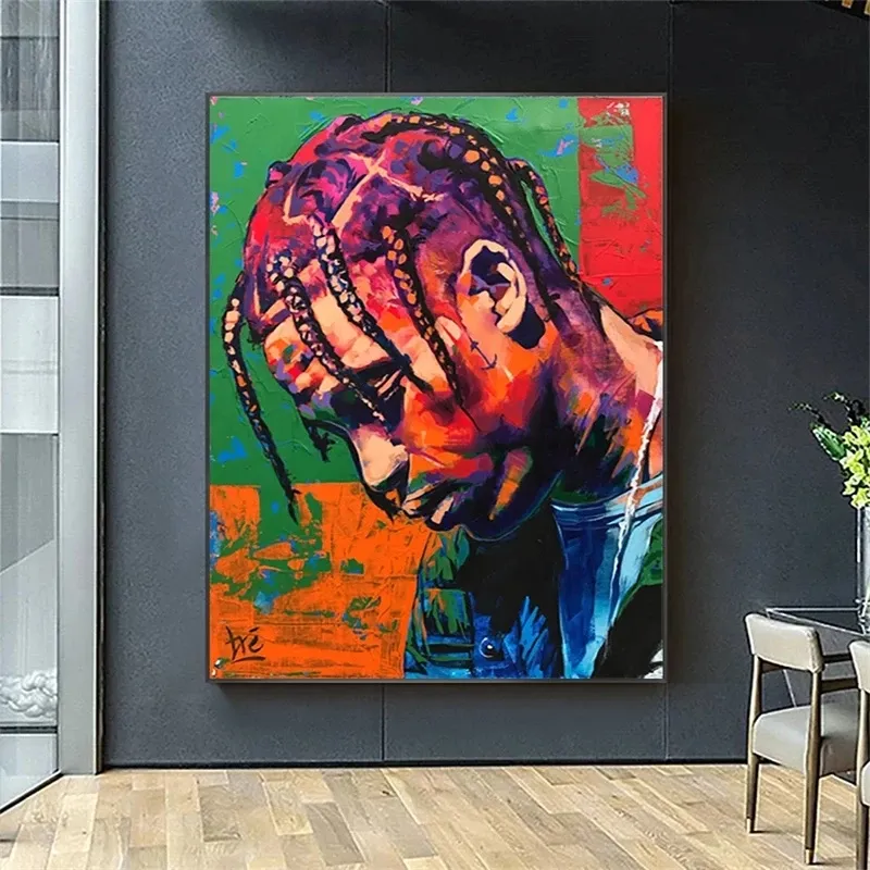 Tranh Vải Canvas Nghệ Thuật Nhân Vật Travis Scott Rapper Hip Hop Áp Phích Ngôi Sao Âm Nhạc Phổ Biến Màu Trang Trí Phòng Gia Đình