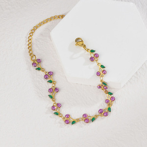 Bracelet bohème en acier inoxydable plaqué or avec zircon, chaîne à maillons, motif cerise, <span class=keywords><strong>cadeau</strong></span> pastoral pour femme, inspiré du bouddhisme - Product Image 1