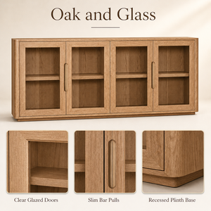 Buffet contemporain en chêne à grain riche <span class=keywords><strong>de</strong></span> <span class=keywords><strong>la</strong></span> région <span class=keywords><strong>de</strong></span> <span class=keywords><strong>Bretagne</strong></span> avec portes vitrées, courbes arrondies, étagère intérieure pour <span class=keywords><strong>la</strong></span> décoration <span class=keywords><strong>de</strong></span> <span class=keywords><strong>la</strong></span> salle à manger - Product Image 3