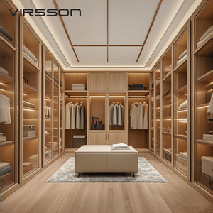 Luxe inloopkastsysteem Licht hout Symmetrische glazen kasten Plafondverlichting LED Zwarte handtas Ottomaan op maat - Product Image 1
