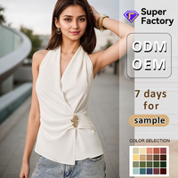 Gaun Satin Putih Tanpa Lengan Model Halter V-Neck Slim Fit dengan Kancing di Pinggang untuk Wanita Musim Panas