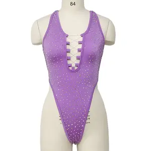 Großhandels preis Nylon Tänzer One Piece Dessous Weiß AB Strass Sexy Bodysuit Stripper Outfits Damen Exotic Dance Wear