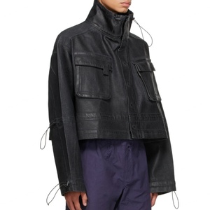 Nouvelle veste cargo en denim ciré noir surdimensionnée à col montant et manches longues pour hommes, tendance OEM - Product Image 2