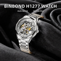 Montre mécanique automatique analogique sportive pour homme Binbond H1277 1277, bracelet en cuir et acier inoxydable de luxe, cadran ajouré