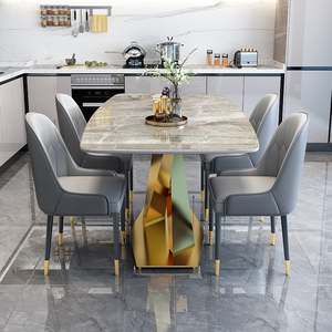 Direct van de fabriek: Luxe eettafelset met stoelen, rechthoekig blad van gesinterd steen met gouden metalen onderstel voor modern villaproject. - Product Image 5