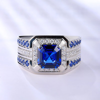 Bague en argent 925 avec saphir royal cultivé pour homme, forme elliptique géométrique, pierre centrale d'environ 29 carats