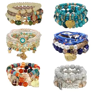 Wholesale High Quality Boho Heart Love Bead Bracelet Jewelry Set Handmade Gold Heart Charm Beaded Colorful Trending Bracelet