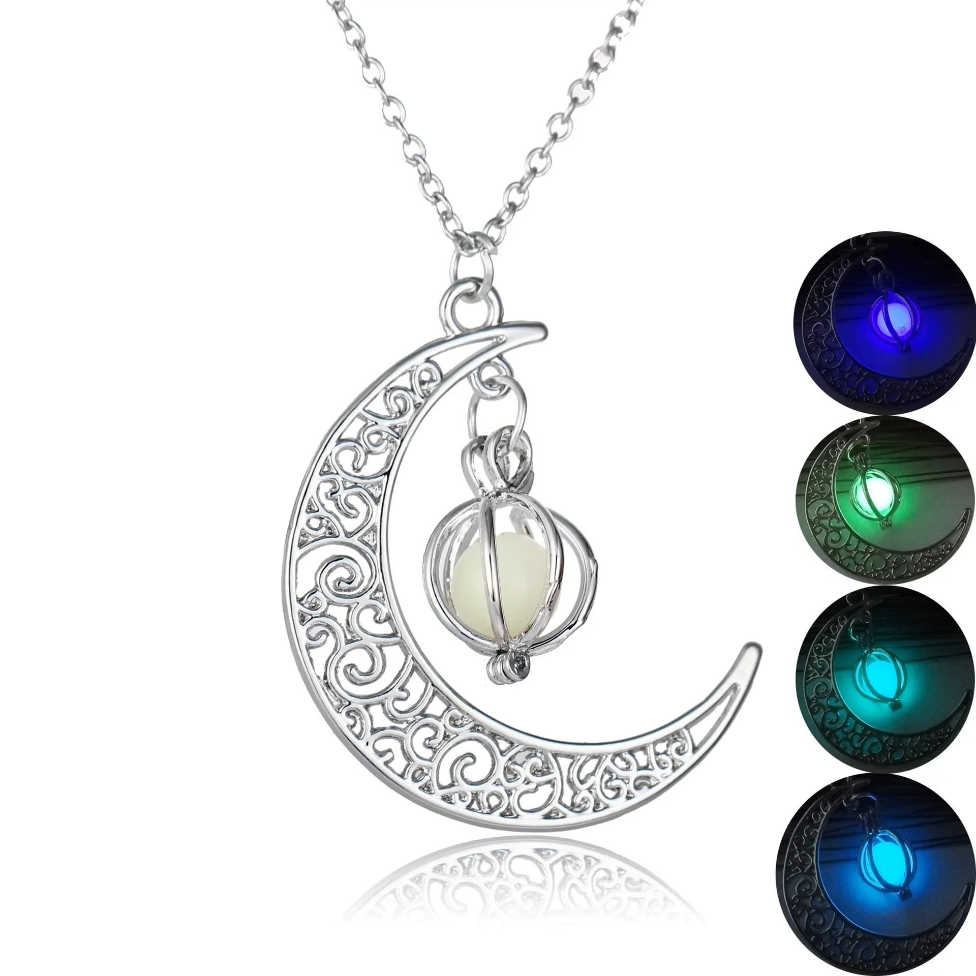 Halloween fashion alloy moon night light round bead glow in the dark pendant necklace