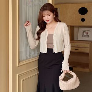 Cárdigan de Punto Fino para Mujer Runqi N8557, Color Sólido, Manga Corta con Botones, Talla Grande, Protección Solar, Beige, Negro - Product Image 2
