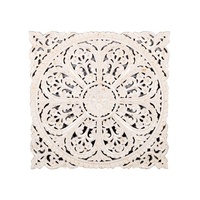 Panneau mural en bois sculpté à la main – Décoration murale 3D Mandala floral – Grande plaque carrée sculptée blanchie à la chaux – Décoration Jodhpur