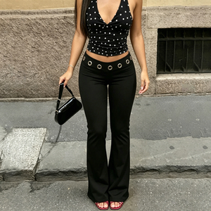 Women's Low Waist Black Flare <b>Pants</b> with Metal Eyelets Design Slim Fit Casual Trousers for <b>Summer</b> 2026 - Product Image 1