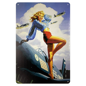 Segno di metallo in latta Pin up ragazza in <span class=keywords><strong>posa</strong></span> con aereo 8x12 pollici Vintage retrò decorazione da parete Garage Bar per la casa - Product Image 1