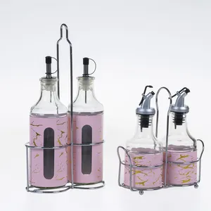 Organizer peralatan dapur keranjang penyimpanan berdiri baja nirkarat lapisan kaca pengocok garam merica dan set botol minyak