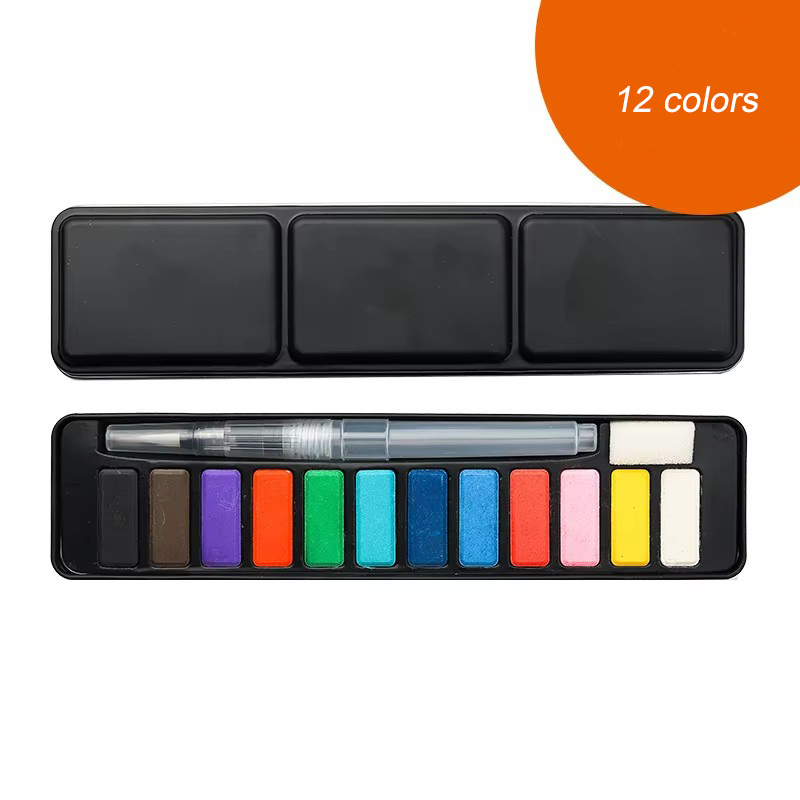 [Caja de hierro negro 12 colores + 1 esponja para pluma estilográfica] - pigmento sólido