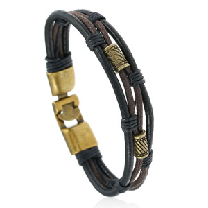 <span class=keywords><strong>Pulsera</strong></span> de cordón tejido para hombre de cuero auténtico vintage con hebilla de aleación estilo envolvente chapado en rodio - Product Image 1