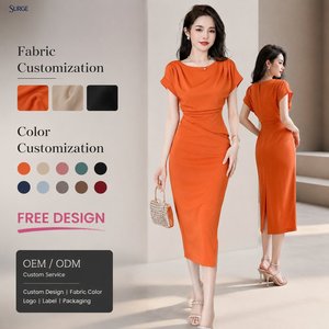 Robes d'été décontractées élégantes en polyester <span class=keywords><strong>orange</strong></span> personnalisées pour femmes, col rond, manches courtes, taille froncée, fente latérale, robe midi - Product Image 1