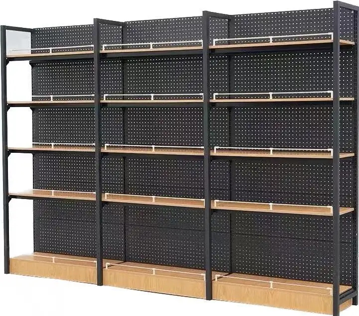 Customized strong metal retail display shelving system with wooden shelves