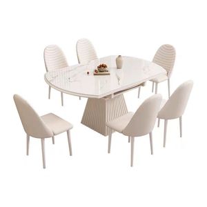 Dining <b>Table</b> And Chair Set Snow Mountain <b>White</b> Round Extendable For <b>Small</b> Homes And Apartments - Product Image 5
