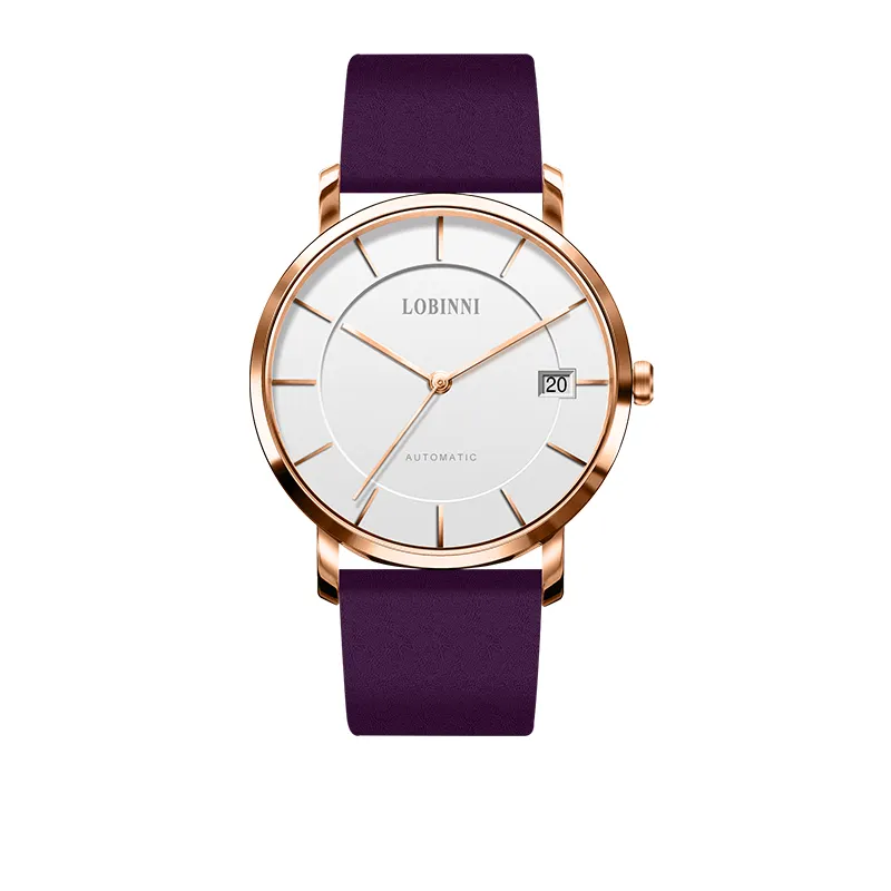 LOBINNI New Fashion Minimalist Purple Leather Strap Automatic Mechanical Movement Ladies Watch