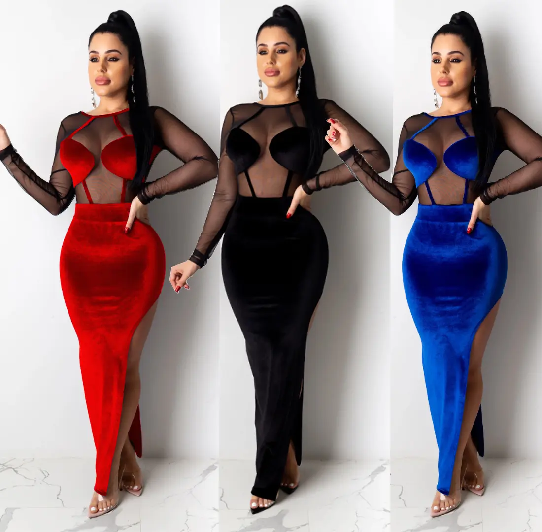Lady Fashion Autumn Velvet Mesh Fabric Backless Sexy Women's See-through Clothing Fall Dress