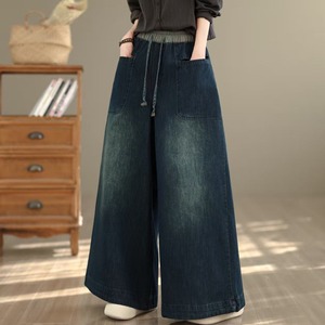 Pantalon large en jean pour femme, taille haute, élastique, avec cordon de serrage, poches plaquées, coupe ample, style rétro décontracté, indigo – Collection Printemps 2026 (Vente en gros) - Product Image 1