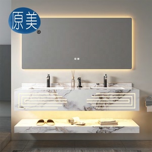 Lavabo de salle de bain mural éclairage LED marbre sur mesure motif sculpté Double couche sans couture double évier armoire pour hôtel - Product Image 1