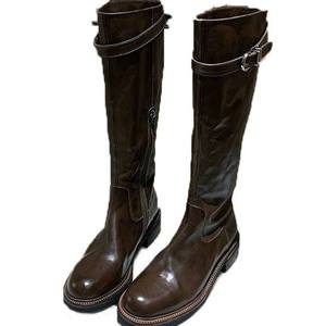 Bottes pour femmes, réplique d'un modèle célèbre sur internet ~ Bottes de cavalier hautes à plateforme et talon épais en cuir de cheval vieilli, automne-hiver - Product Image 6