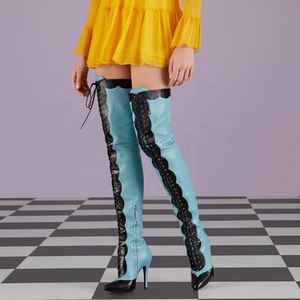 Lace up Patchwork Thigh High <b>Boots</b> Women's Stiletto Over-knee Long Booties Snake Prints Thin Heels Wide Leg Fit Size 45 - Product Image 5