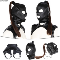 Masque de fête en cuir PU sexy à capuche unisexe en latex, accessoire d'Halloween pour hommes et femmes, cosplay, flirt, queue de cheval, ceinture de poitrine, couvre-chef