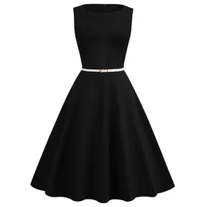 Knee Length Sleeveless Cotton Retro 50s Summer Vintage Solid Party Dresses