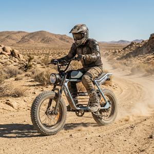 Vélo électrique tout-terrain à pneus larges de 20 pouces, prêt pour la piste désertique, avec suspension avant, idéal pour la conduite sur routes poussièreuses et terrains secs. - Product Image 4