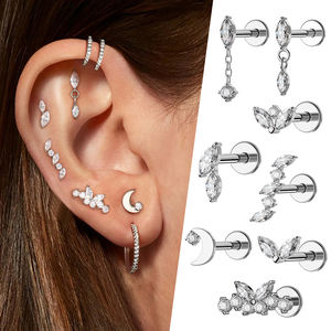 ASTM F136 titanio pequeño Flatback Luna mariposa CZ cartílago Stud pendientes cadena colgante cartílago Helix Tragus Piercing joyería - Product Image 5