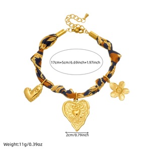 Fashionable Retro Printed Leopard Ribbon Knotted Rope Chain Gold Plated Heart <b>Flower</b> Pendant Stainless Steel <b>Bracelet</b> - Product Image 4