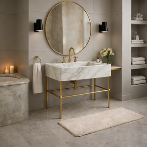 Lavabo in Marmo Bianco e Nero Personalizzato con Gambe in Ottone, <span class=keywords><strong>Lavandino</strong></span> in Pietra Naturale, Lavabo Moderno da Parete in Marmo - Product Image 3